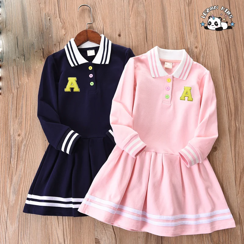 LEZONKIDS - Customized Leisure Children's Skirt Letter Patches Long Sleeve Princess Skirt  School Style Girls Dress
